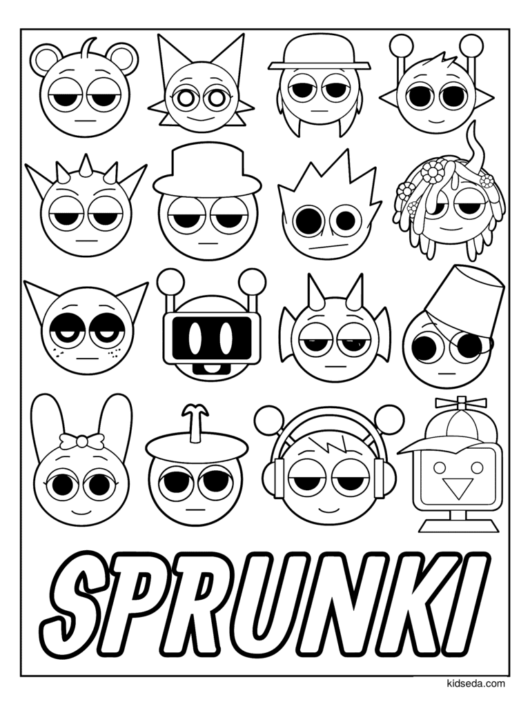 Sixteen Sprunki Faces coloring page for kids: sixteen Sprunki characters with hats, hair and antennae