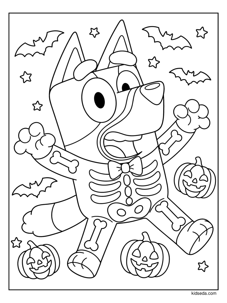 Skeleton Bluey coloring page for kids: Bluey in a skeleton costume with jack-o'-lanterns and bats