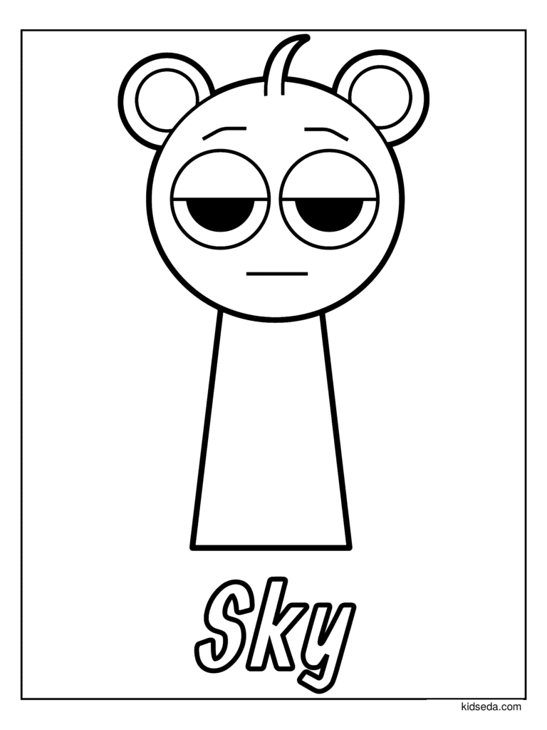 Sky the Sprunki coloring page for kids: Sky with little bear ears and sleepy eyes