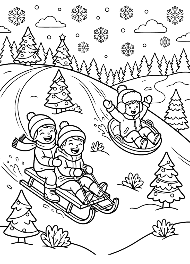 Sledding coloring page for kids: children sledding down a snowy hill