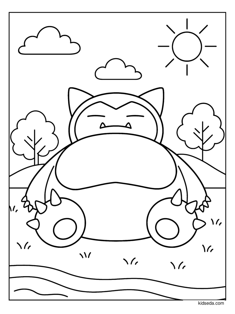 Sleeping Snorlax coloring page for kids: Snorlax sleeping in a sunny countryside field