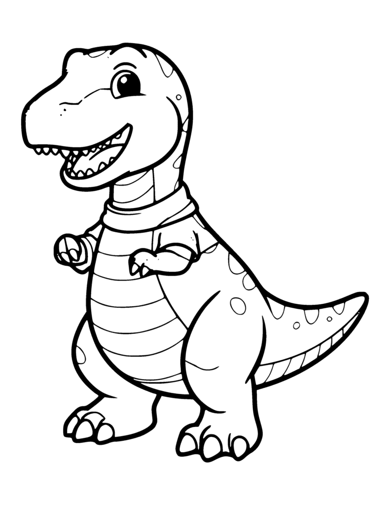 Smiling Cartoon Dinosaur coloring page for kids: a smiling cartoon dinosaur with a striped belly