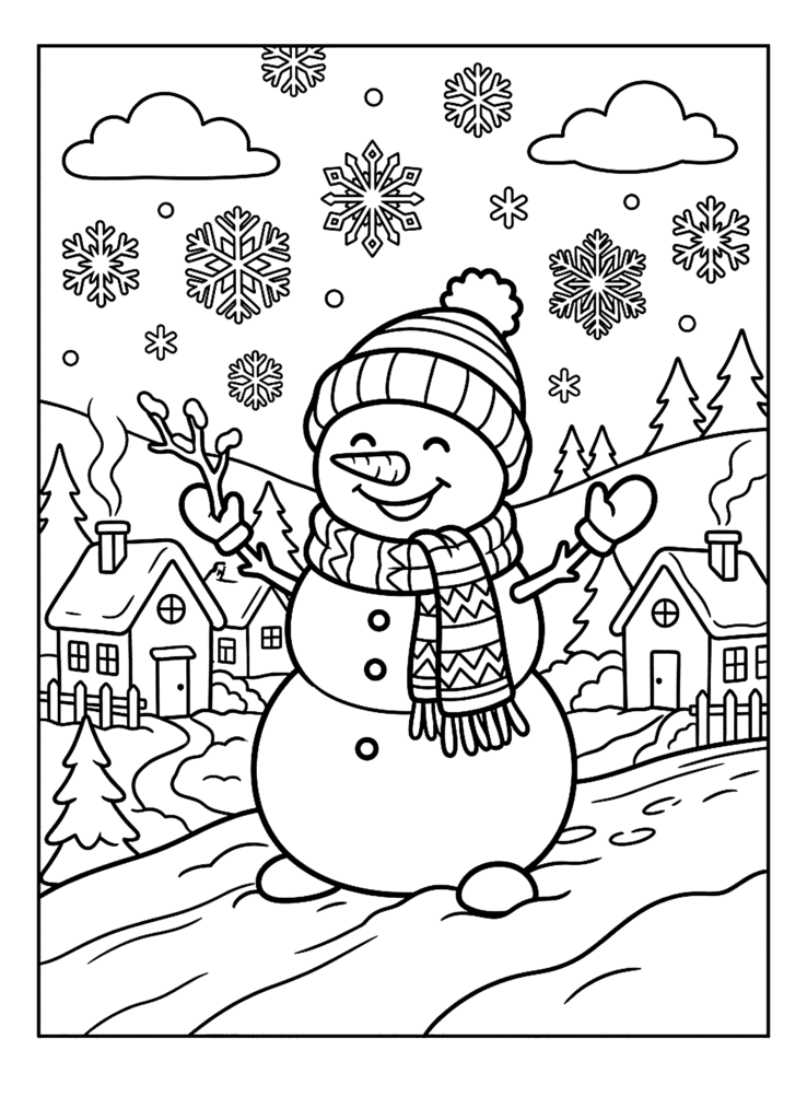 Snowman in the Village coloring page for kids: a smiling snowman with a hat and scarf in a snowy village