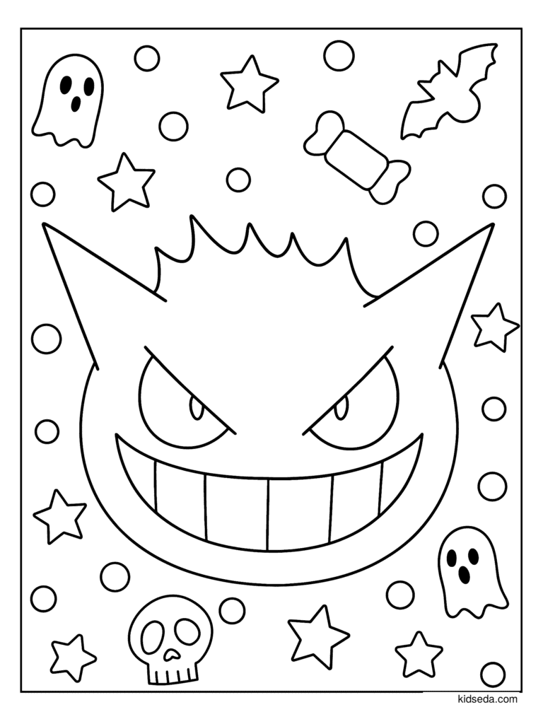 Spooky Gengar Face coloring page for kids: Gengar's big grin with bats, ghosts and candy