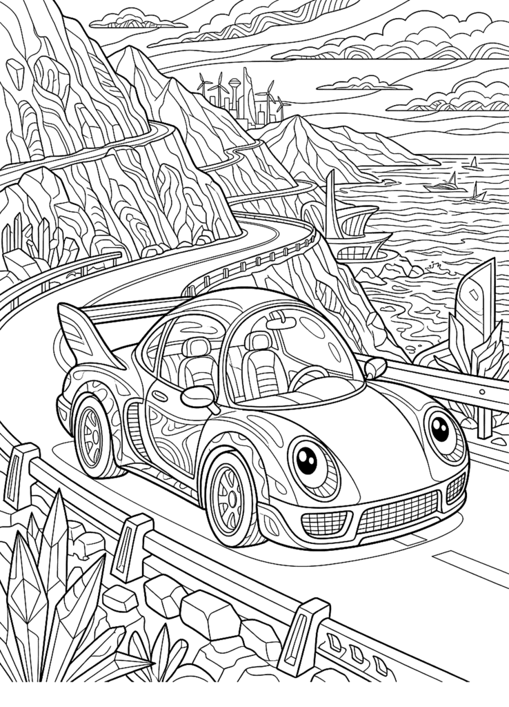 Sports Car coloring page for kids: a shiny sports car driving along a mountain road