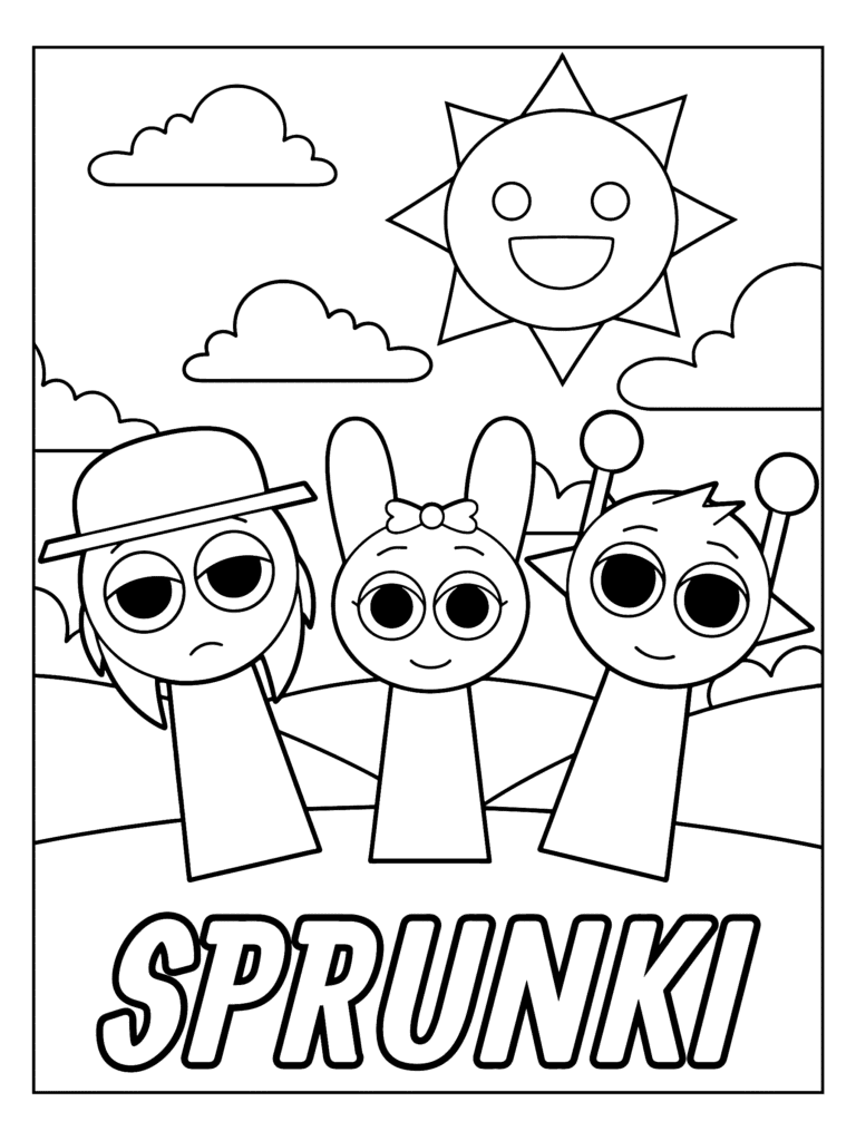 Sprunki Friends on a Sunny Day coloring page for kids: Pinki, Oren and a friend standing together under the sun
