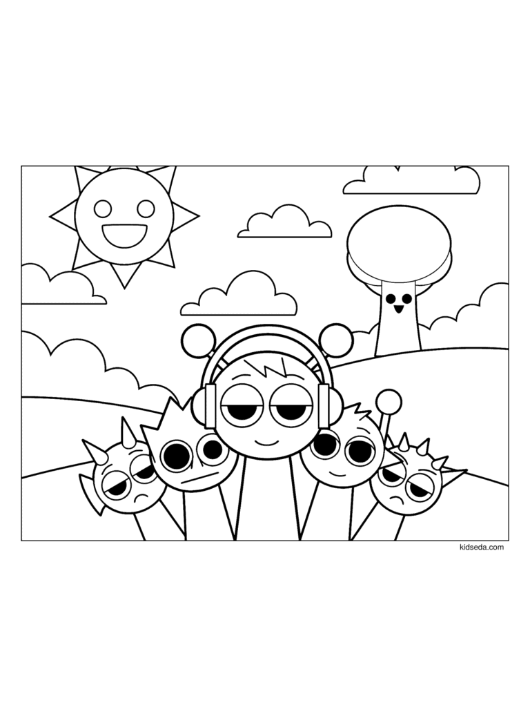 Sprunki Gang in the Field coloring page for kids: seven Sprunki characters in a sunny field with Oren in front