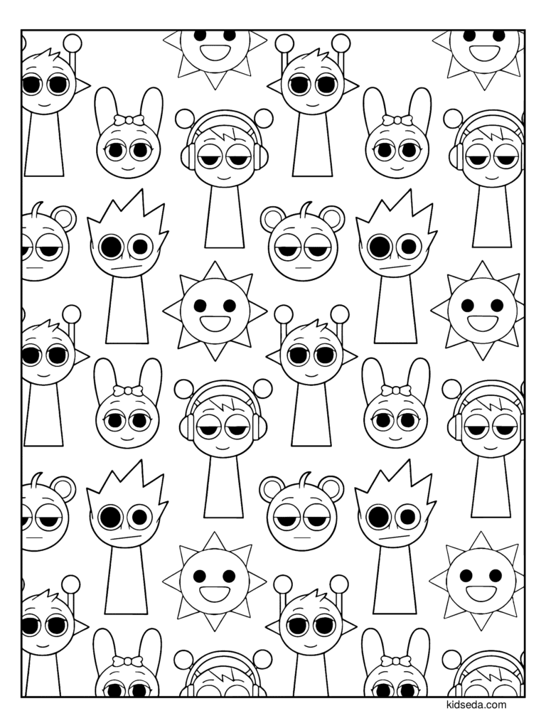 Sprunki Pattern coloring page for kids: a repeating pattern of Oren, Raddy, Owakcx and Mr. Sun