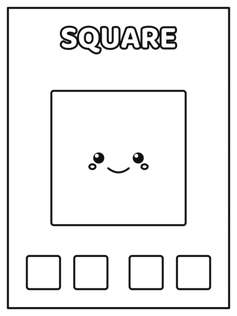 Square Shape coloring page for kids: a big smiling square and four little squares to color while learning shapes
