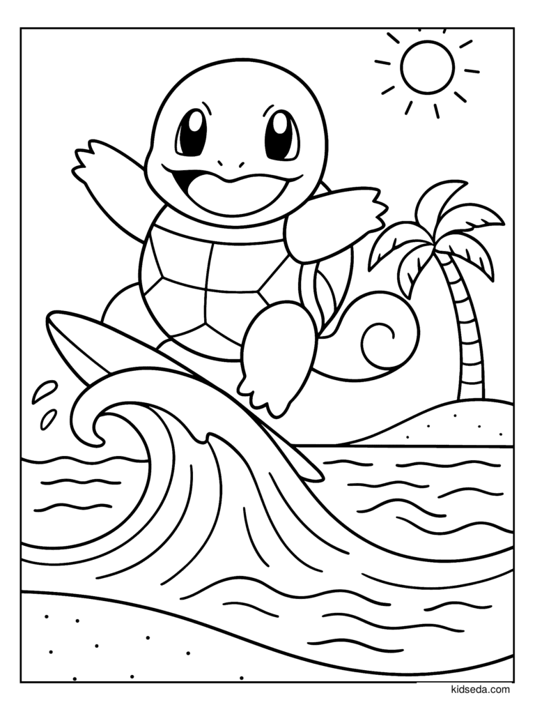 Squirtle Surfing coloring page for kids: Squirtle surfing a wave with an island behind