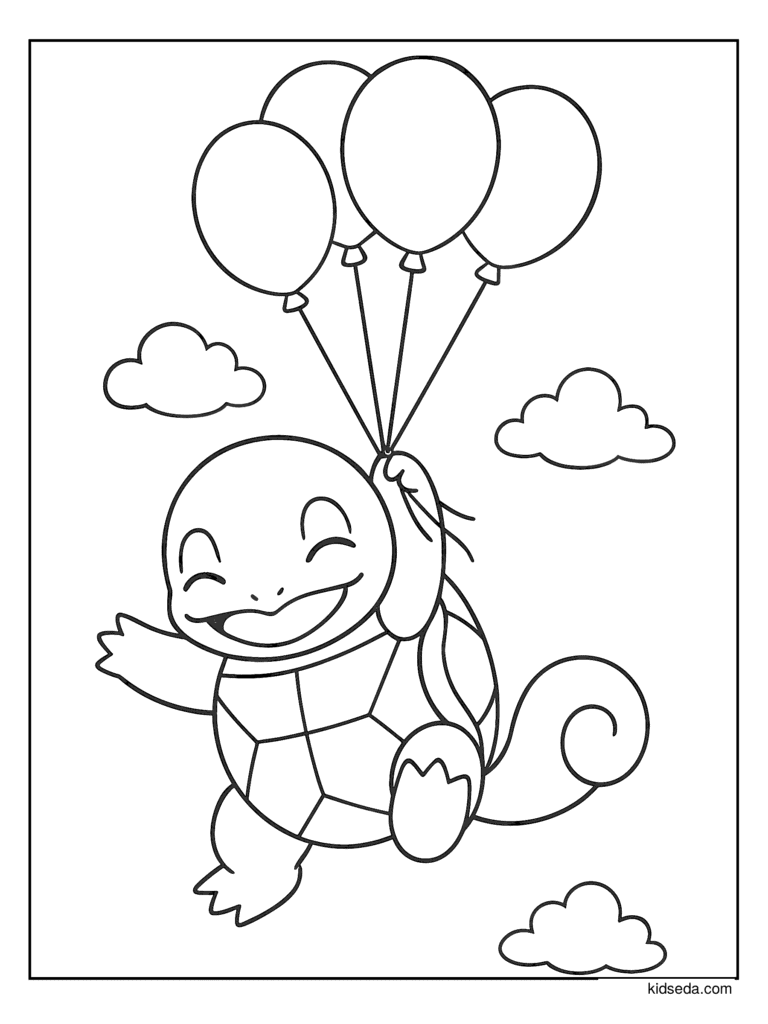 Squirtle with Balloons coloring page for kids: a smiling Squirtle floating through the sky holding balloons