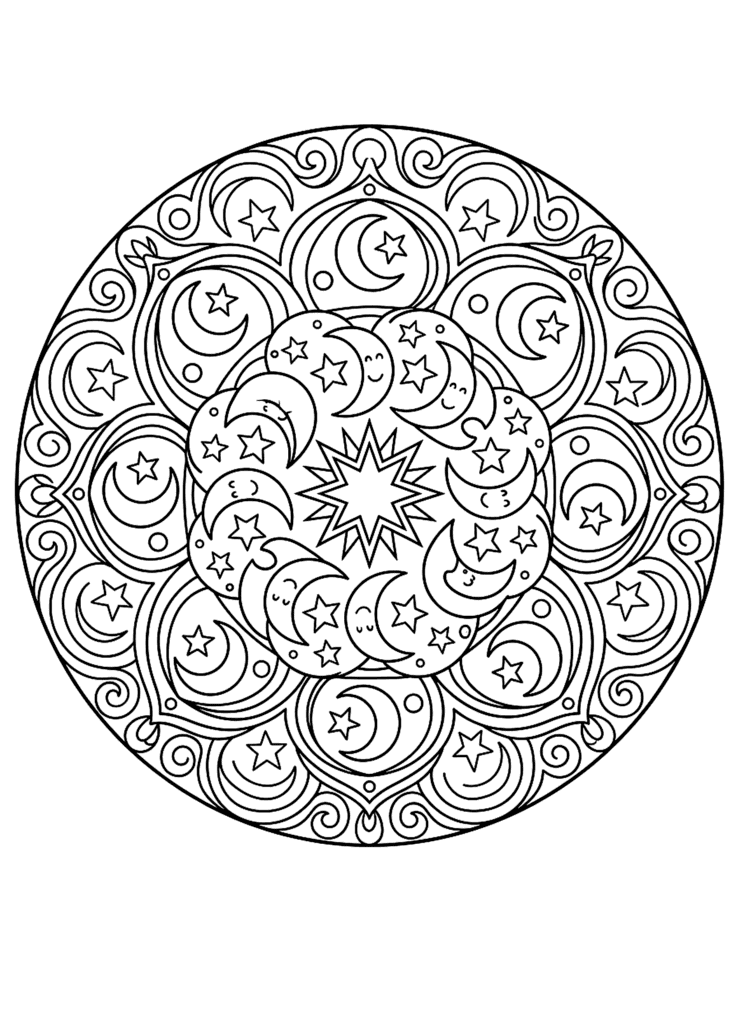 Star Mandala coloring page for kids: a round mandala full of stars and moons