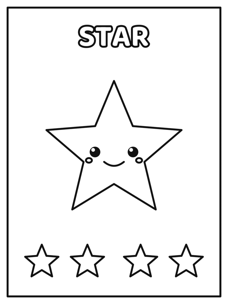Star Shape coloring page for kids: a big smiling star and four little stars to color while learning shapes