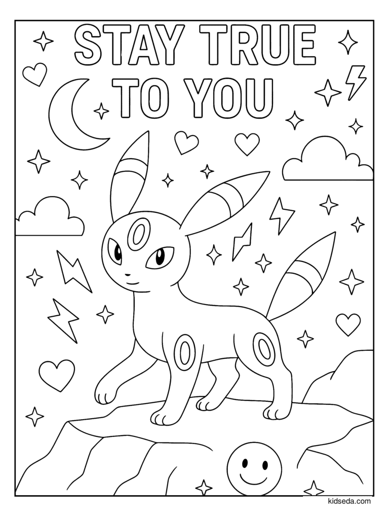 Stay True to You Umbreon coloring page for kids: Umbreon with the words Stay True to You and lots of stars