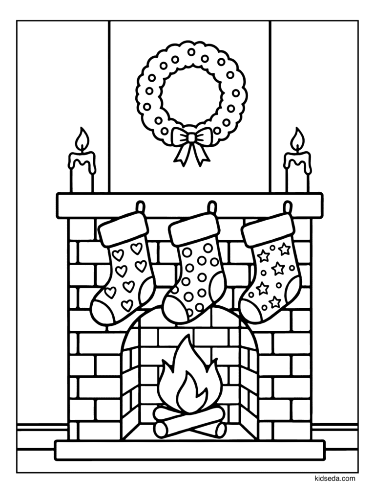 Stockings over the Fireplace coloring page for kids: three stockings above a fire with candles and a wreath