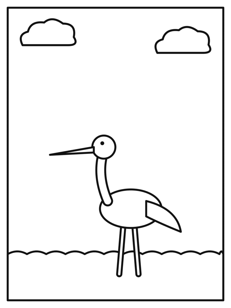 Stork coloring page for kids: a tall stork standing in the pond