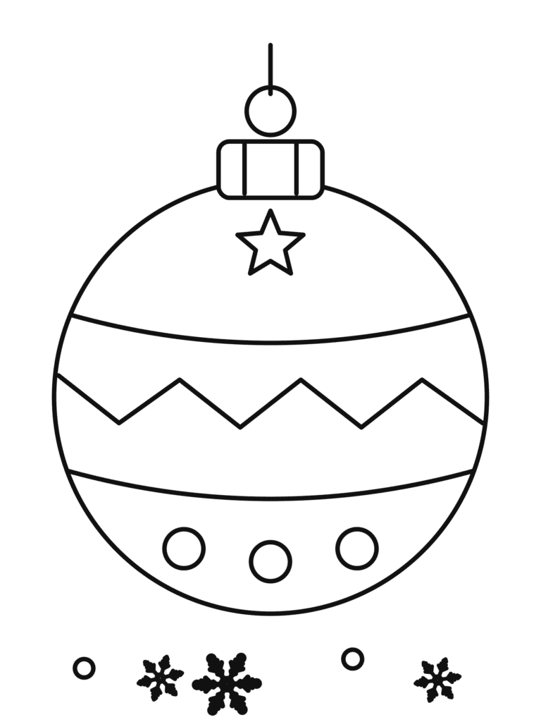 Striped Christmas Ornament coloring page for kids: a round Christmas ornament with zigzag stripes, a star and dots