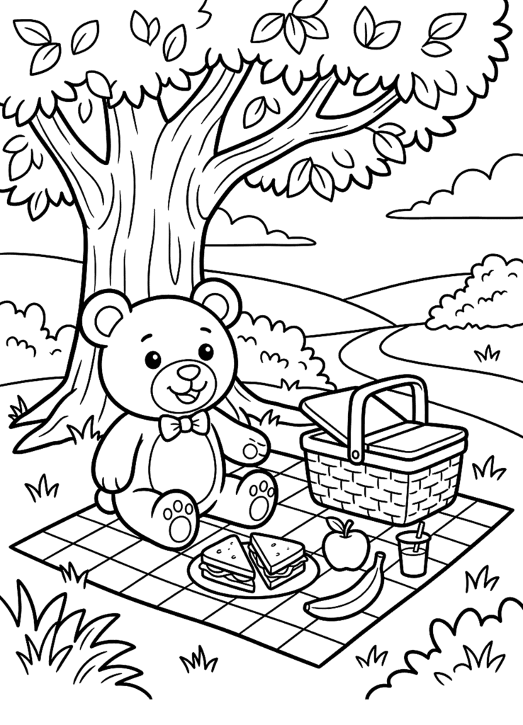 Teddy Bear Picnic coloring page for kids: a teddy bear having a picnic under a tree
