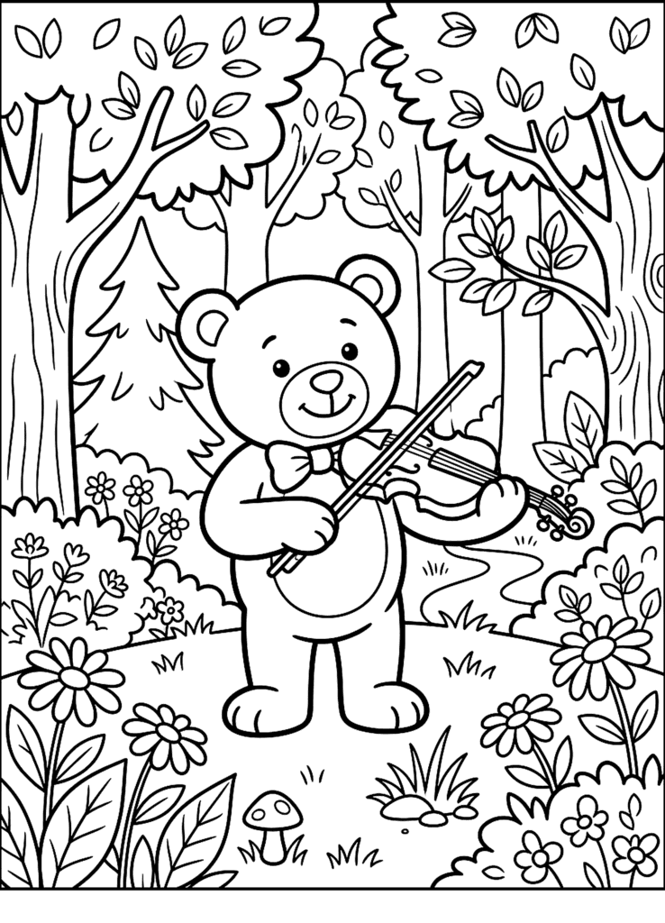 Teddy Bear Playing the Violin coloring page for kids: a teddy bear playing the violin in a forest