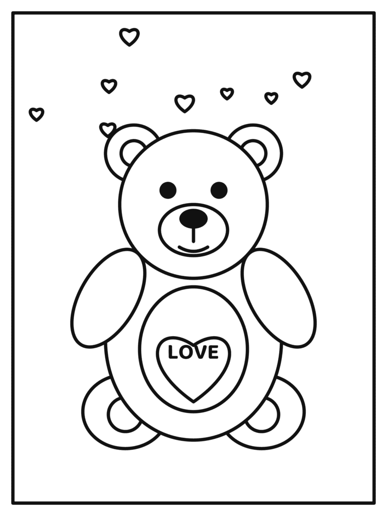 Teddy Bear with a Heart coloring page for kids: a cuddly teddy bear hugging a big heart