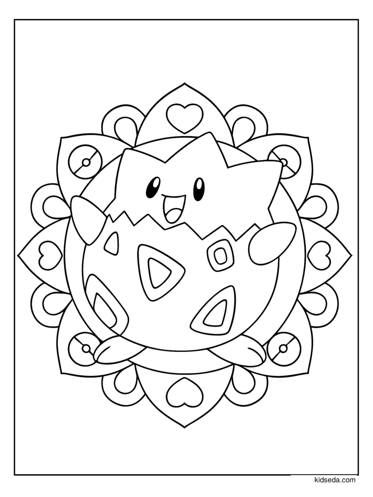Togepi Mandala coloring page for kids: Togepi in the middle of a mandala with hearts and circles