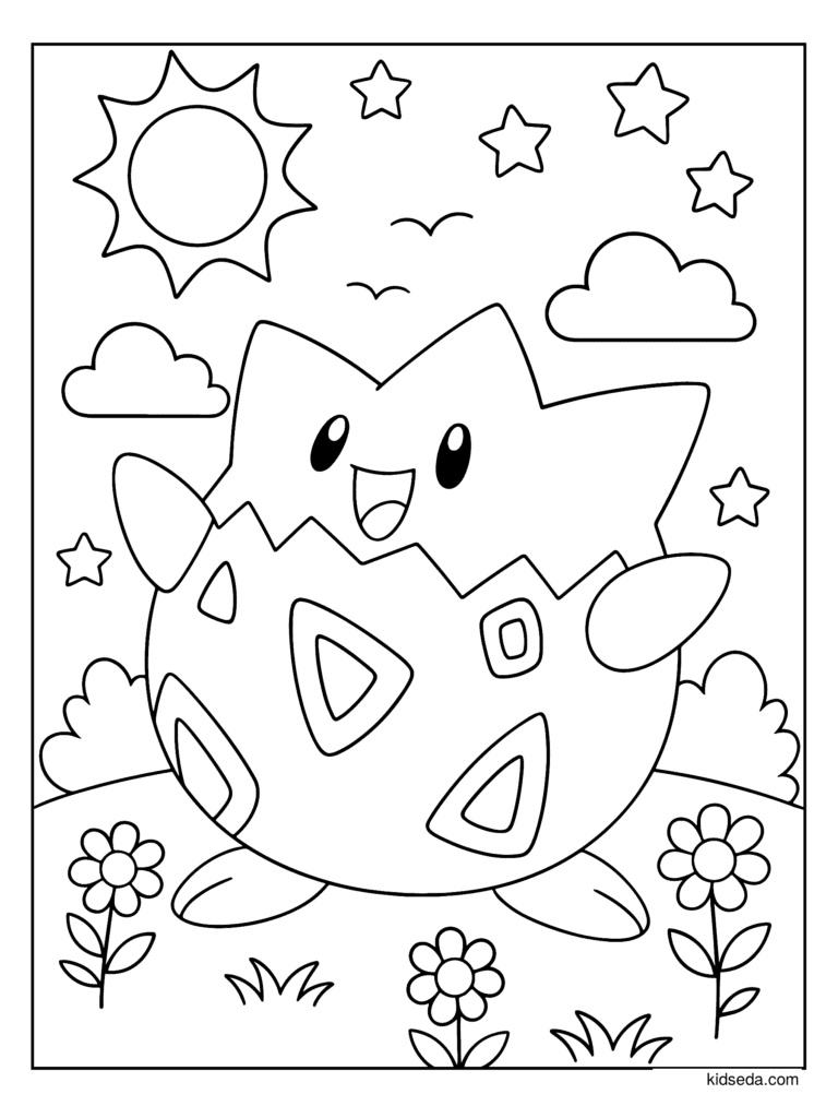 Togepi on a Sunny Hill coloring page for kids: a happy Togepi on a sunny hill with flowers
