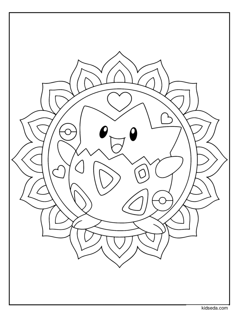 Togepi Poké Ball Mandala coloring page for kids: Togepi in a mandala with hearts and Poké Ball shapes