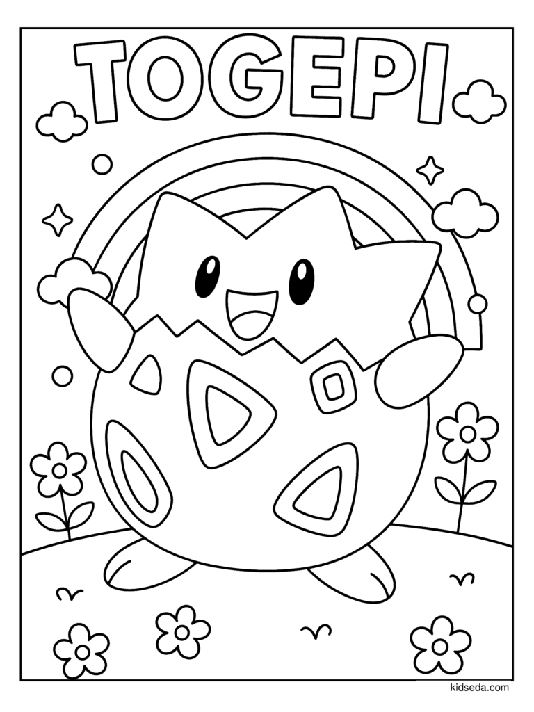 Togepi Under a Rainbow coloring page for kids: Togepi smiling under a rainbow with flowers and clouds