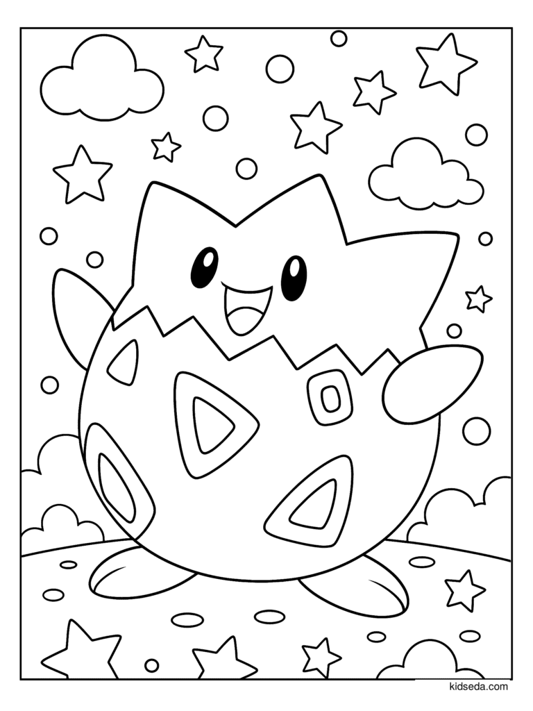 Togepi with Stars and Clouds coloring page for kids: Togepi surrounded by stars and clouds