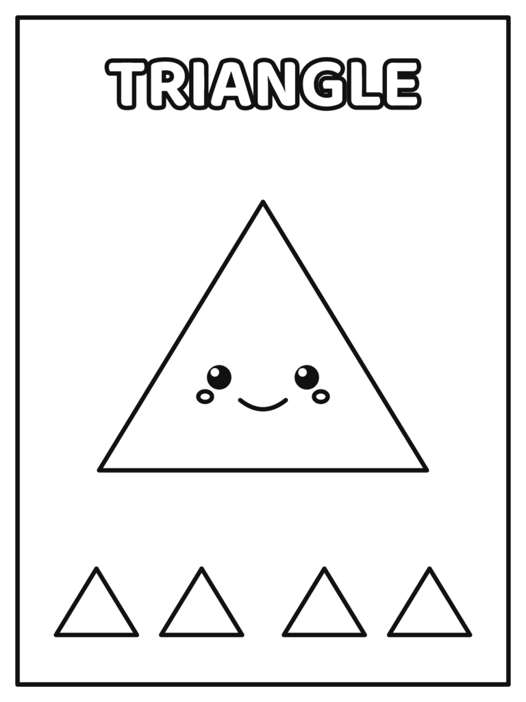 Triangle Shape coloring page for kids: a big smiling triangle and four little triangles to color while learning shapes