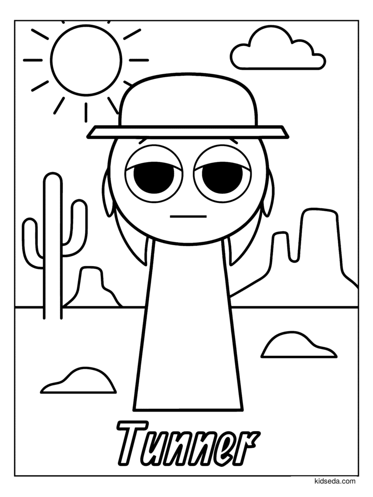 Tunner in the Desert coloring page for kids: Tunner in a bowler hat standing in the desert with a cactus