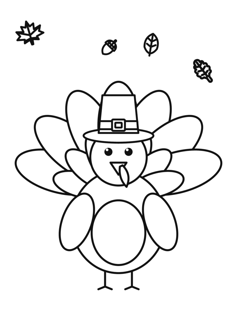 Turkey in a Pilgrim Hat coloring page for kids: a happy turkey wearing a tall pilgrim hat with a buckle