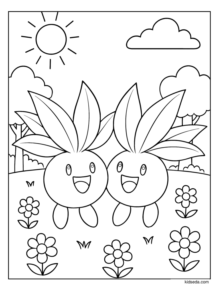 Two Oddish in the Sun coloring page for kids: two Oddish in a sunny meadow with flowers and trees