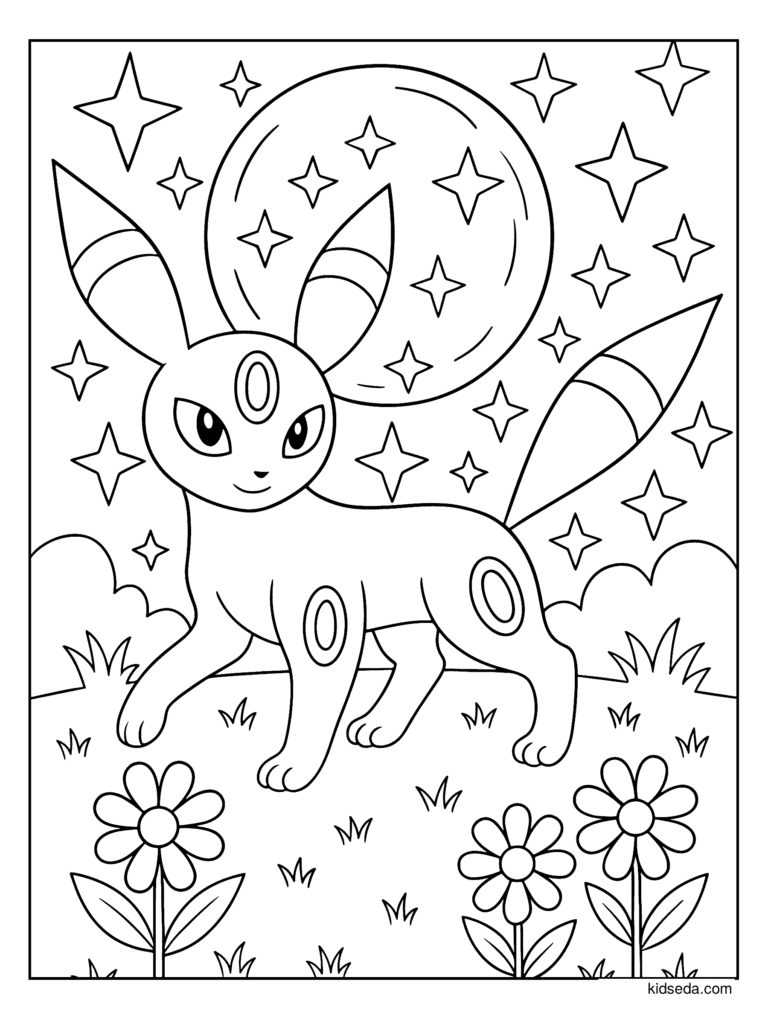 Umbreon in a Flower Meadow coloring page for kids: Umbreon in a flower meadow under a starry night sky