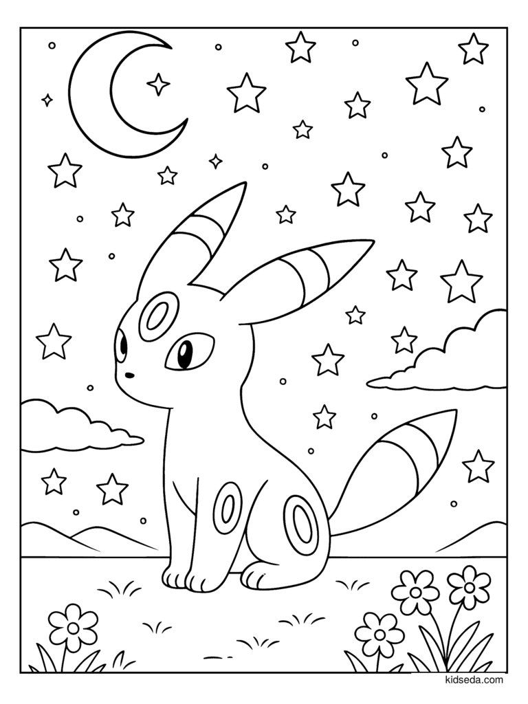 Umbreon Under the Moon coloring page for kids: Umbreon sitting in a field under a crescent moon and stars