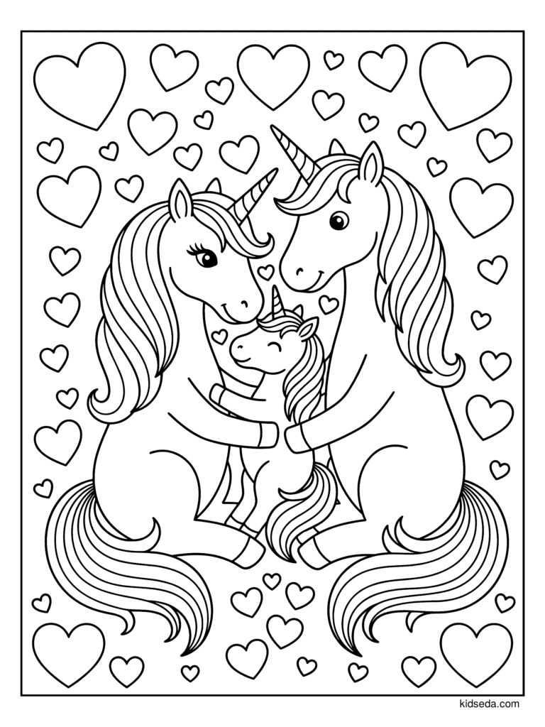 Unicorn Family Hug coloring page for kids: two unicorn parents cuddling their baby with hearts