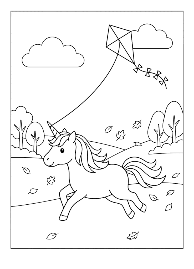 Unicorn Flying a Kite coloring page for kids: a unicorn running across a field with a kite