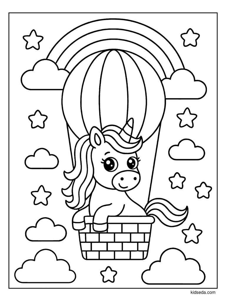 Unicorn in a Hot Air Balloon coloring page for kids: a unicorn sitting in a hot air balloon basket under a rainbow