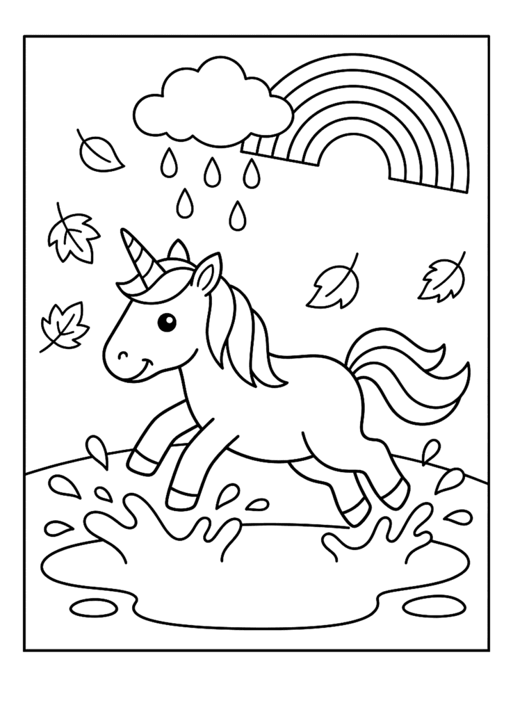 Unicorn Jumping in a Puddle coloring page for kids: a unicorn splashing in a puddle under a rainbow