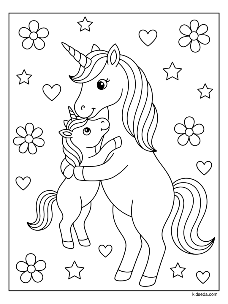 Unicorn Mom Hugging Her Foal coloring page for kids: a unicorn mom hugging her little foal with flowers