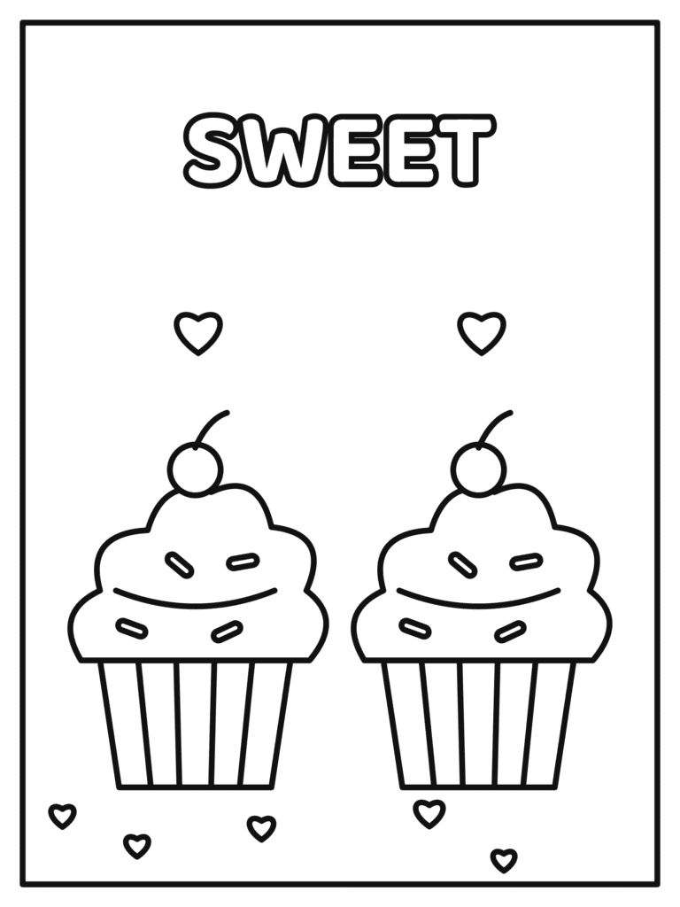 Valentine Cupcakes coloring page for kids: two frosted cupcakes topped with hearts