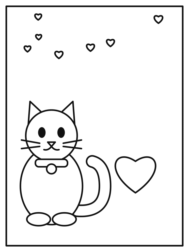 Valentine Kitty coloring page for kids: a happy kitten sitting next to a big heart