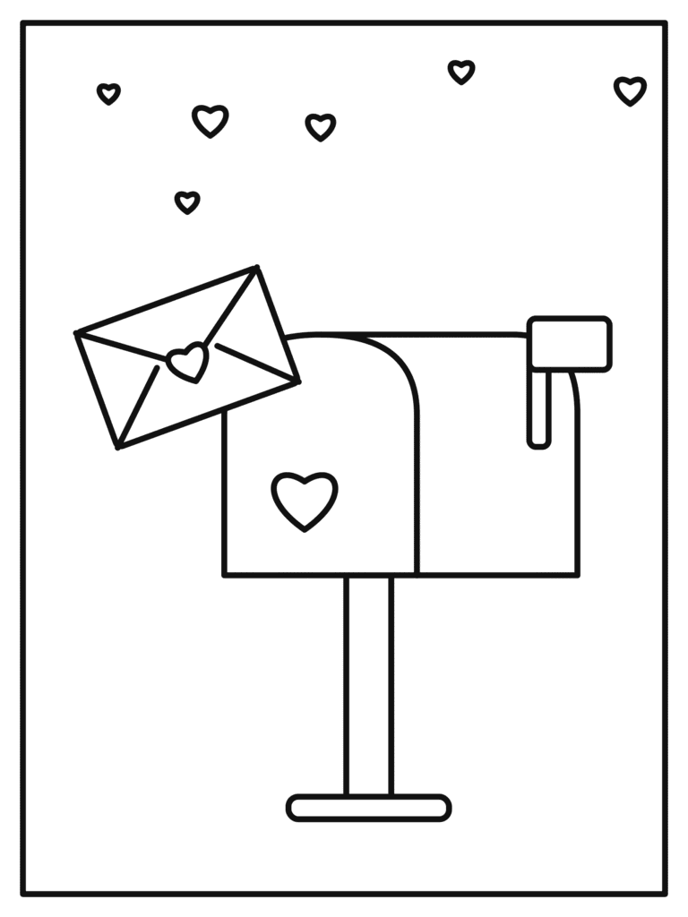 Valentine Mailbox coloring page for kids: a mailbox full of valentine letters and hearts