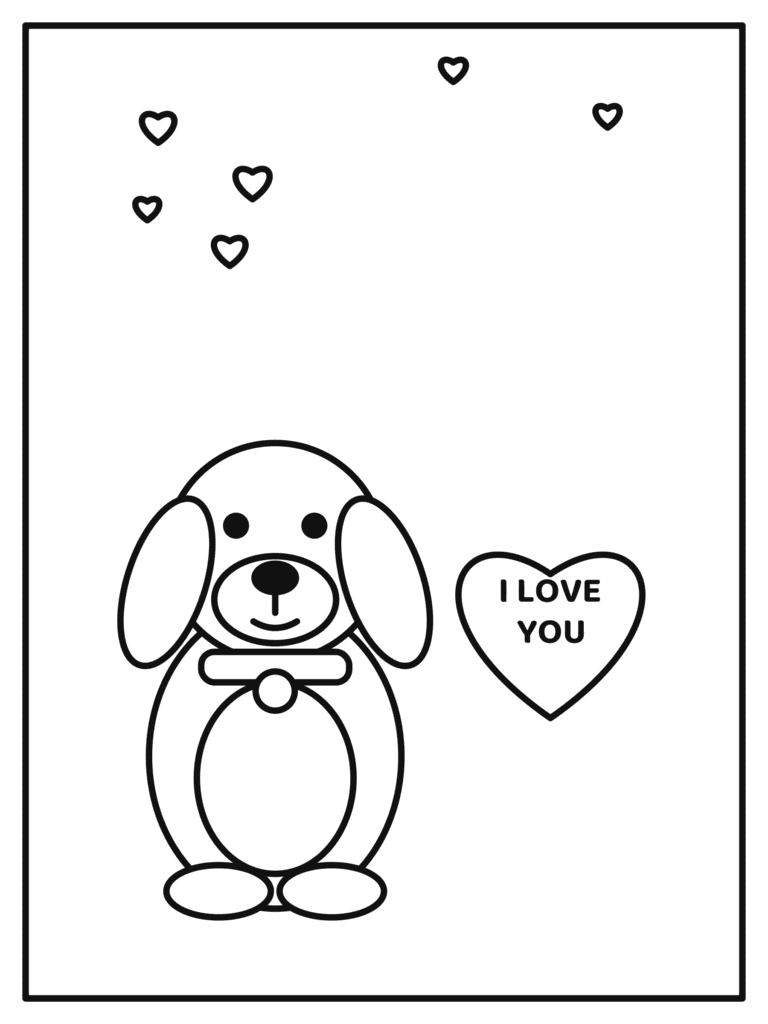 Valentine Puppy coloring page for kids: a happy puppy holding a heart sign that says "I love you"