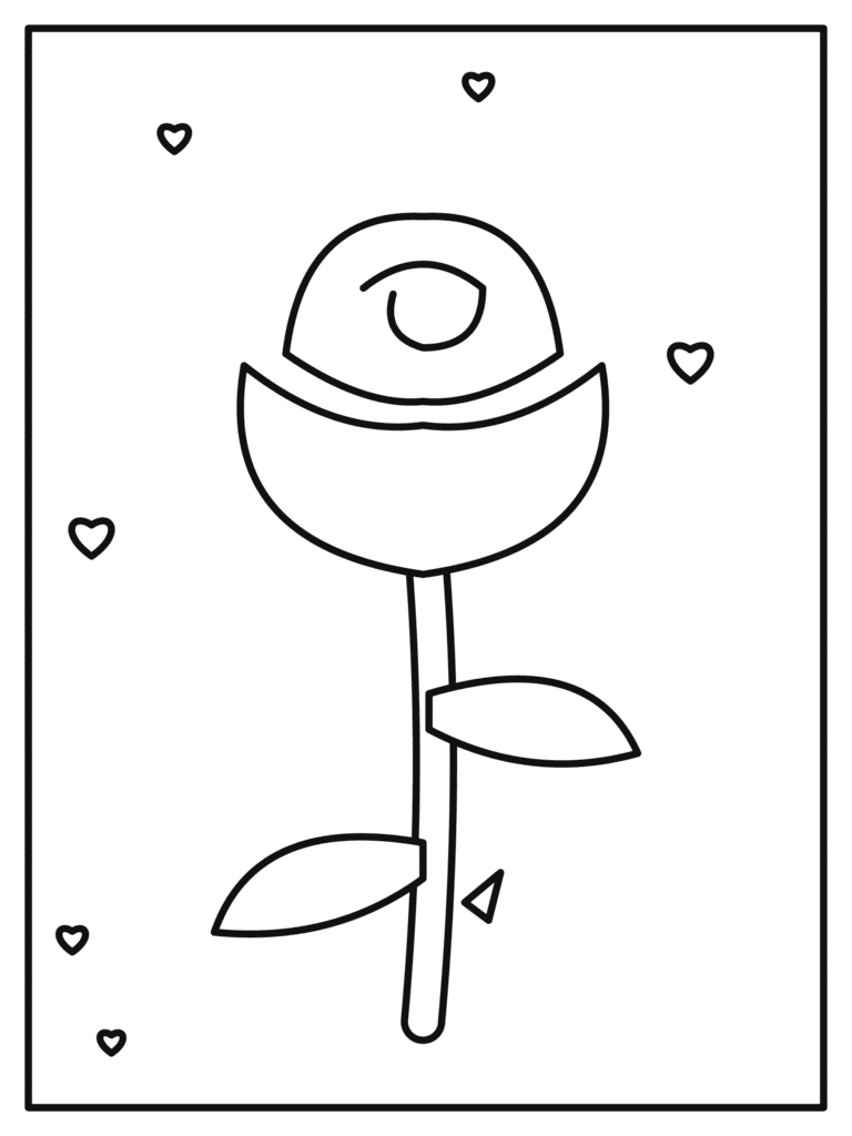 Valentine Rose coloring page for kids: a single blooming rose with leaves for Valentine's Day