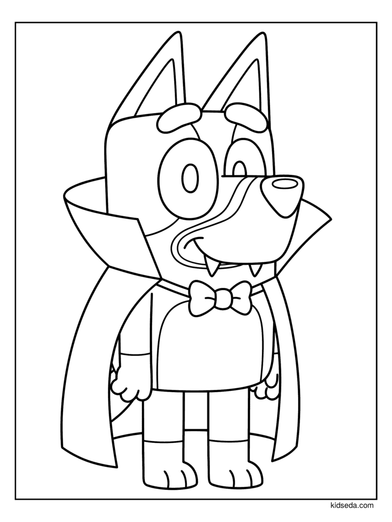 Vampire Bluey coloring page for kids: Bluey dressed as a vampire with a cape, a bow tie and little fangs