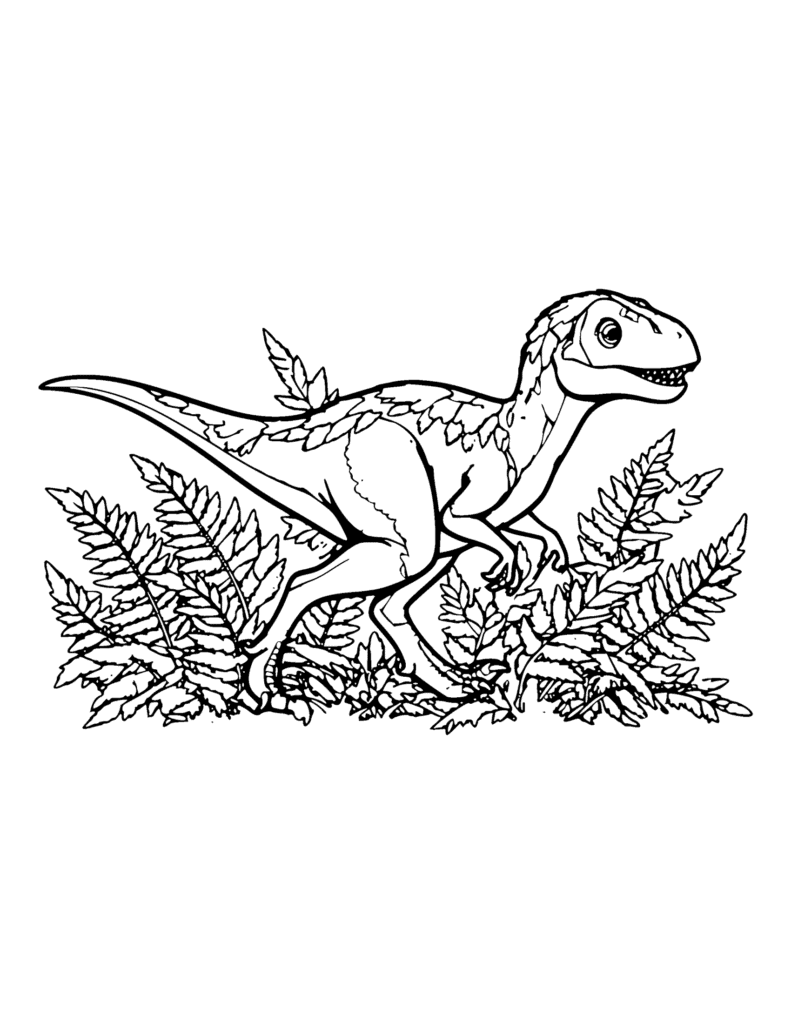 Velociraptor coloring page for kids: a feathered running dinosaur among ferns