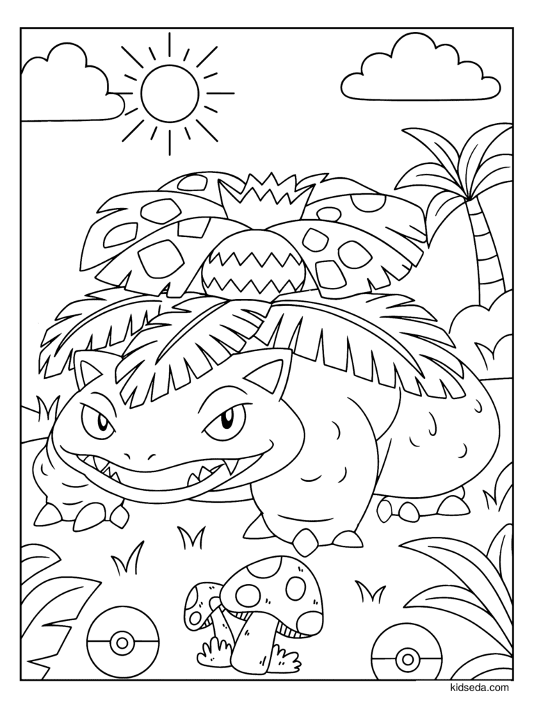Venusaur in the Jungle coloring page for kids: Venusaur in a tropical jungle