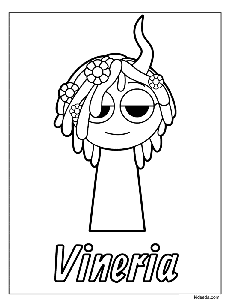 Vineria the Sprunki coloring page for kids: Vineria with hair made of leaves and flowers