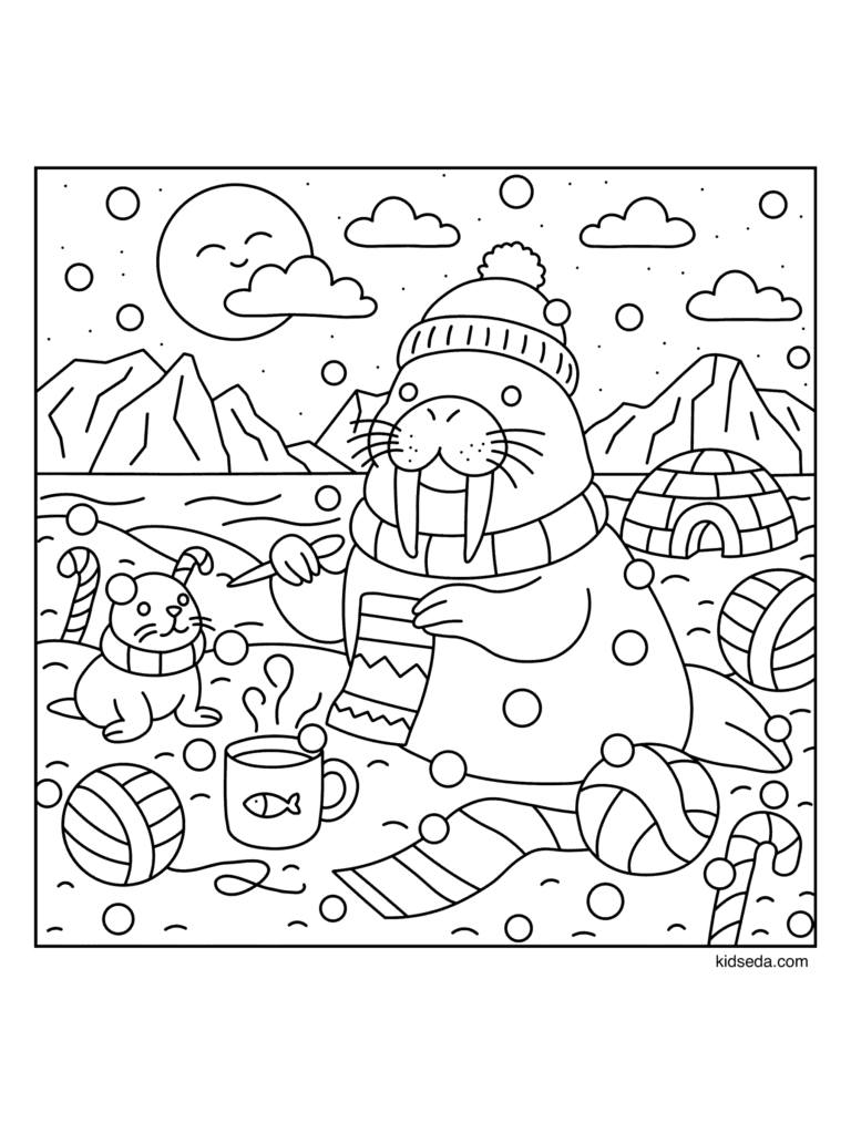 Walrus Knitting a Scarf coloring page for kids: a walrus knitting a scarf beside a small seal